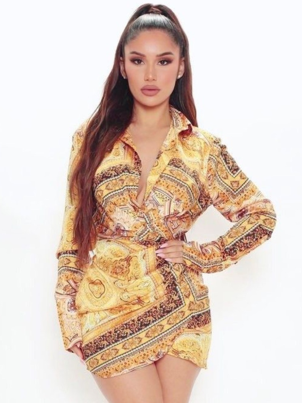 Luxxel Yellow Patterned Wrap Mini Dress
